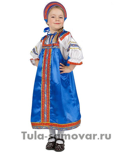 Женский народный костюм "Василиса" детский атласный синий сарафан и блузка 7-12 лет