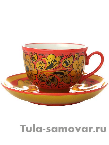 Чашка с блюдцем чайная "Кудрина на красном фоне" Хохлома