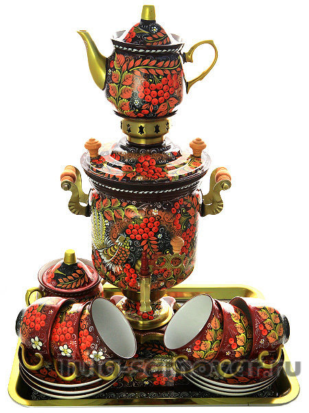 Самовар электрический 3 литра в наборе с чайным сервизом "Хохлома на двойном фоне"