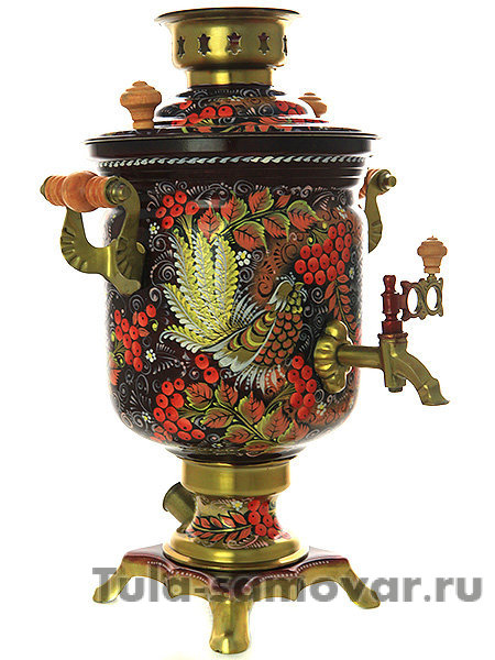 Самовар электрический 3 литра в наборе с чайным сервизом "Хохлома на двойном фоне"