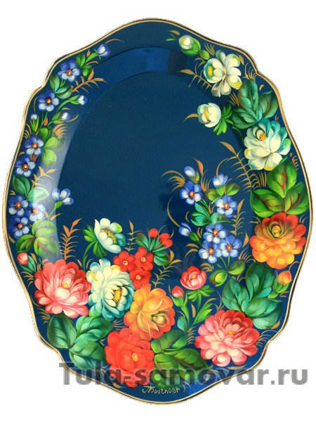 Поднос с художественной росписью "Летние цветы на синем фоне", малый овальный глубокий, арт. 2144