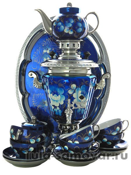 Самовар электрический 3 литра в наборе с чайным сервизом "Цветы на синем фоне" арт. 110591с