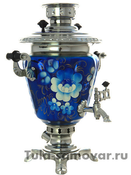 Самовар электрический 3 литра в наборе с чайным сервизом "Цветы на синем фоне" арт. 110591с