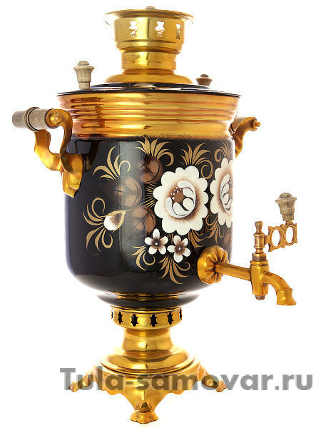 Самовар на дровах с росписью "Жостово на черном фоне" 7 литров