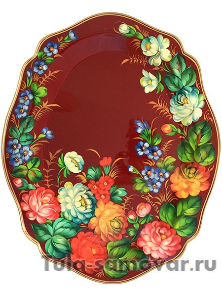 Поднос с художественной росписью "Летние цветы на красном фоне", малый овальный глубокий, арт. 8155