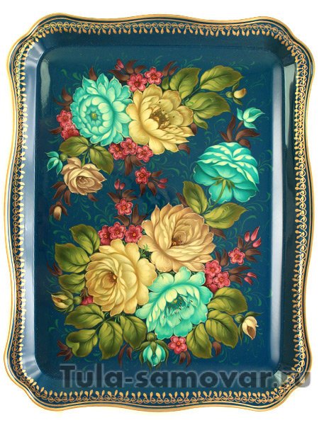 Поднос  с росписью "Цветы на голубом", прямоугольный, арт. 8153