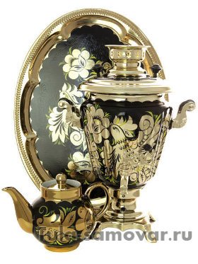 Самовар электрический 3 литра с чайником и подносом роспись &quot;Золотые цветы на черном фоне&quot; с автоотключением арт. 161656а