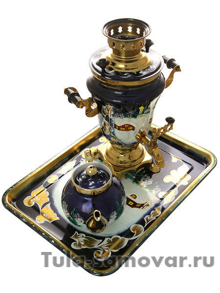 Набор самовар электрический 1,5 литра с художественной росписью "Зимняя деревня (церковь)", арт. 130261