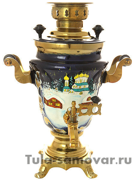 Набор самовар электрический 1,5 литра с художественной росписью "Зимняя деревня (церковь)", арт. 130261