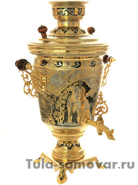 Электрический самовар 4 литра желтый с позолотой и ручной гравировкой "Встреча"