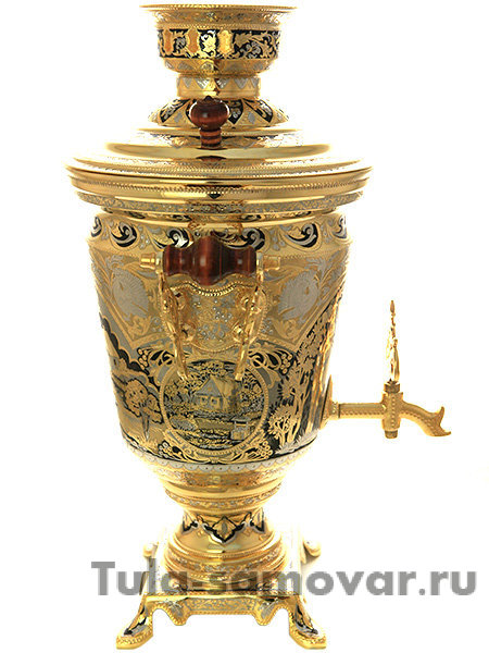 Электрический самовар 4 литра желтый с позолотой и ручной гравировкой "Встреча"