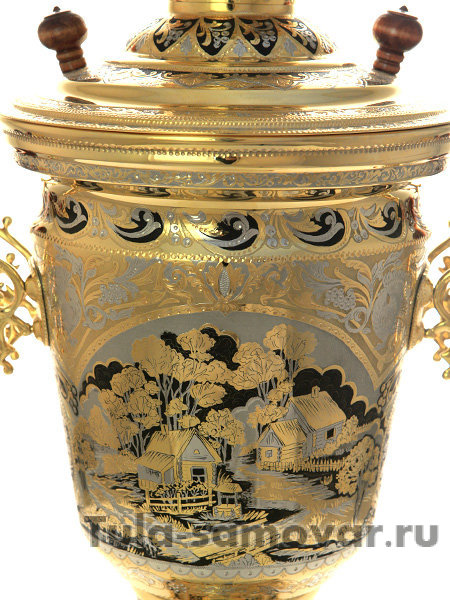 Электрический самовар 4 литра желтый с позолотой и ручной гравировкой "Встреча"