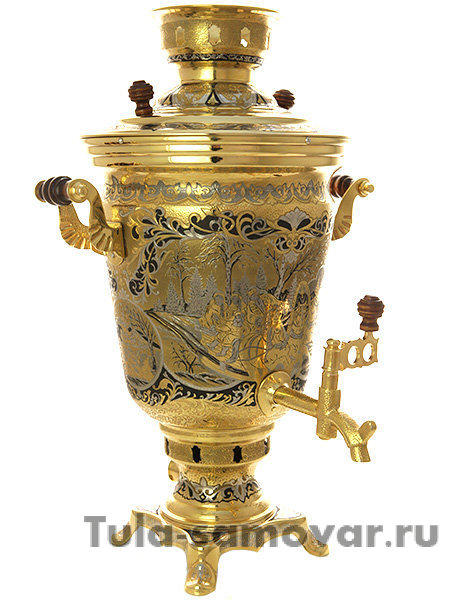 Электрический самовар 4 литра желтый старинный с позолотой и ручной гравировкой "Тройка", арт. 144541