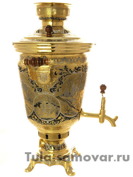 Электрический самовар 4 литра желтый старинный с позолотой и ручной гравировкой "Тройка", арт. 144541