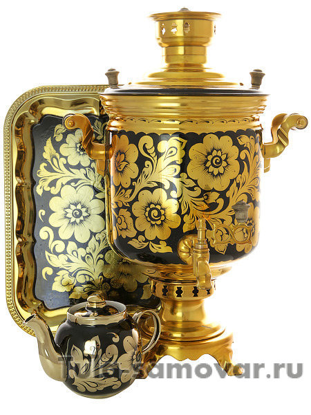 Самовар на дровах 7 литров с росписью "Золотая хохлома" в наборе