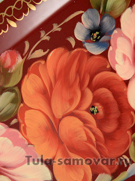 Поднос с росписью "Цветы на бордовом фоне", прямоугольный малый, арт. 4008