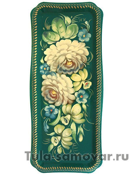 Поднос с росписью "Цветы на зеленом фоне", прямоугольный малый, арт. 4010