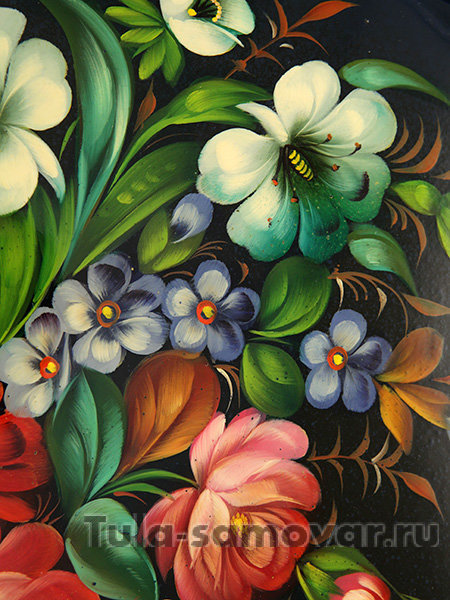 Поднос с художественной росписью "Букет на синем фоне круг", круглый, арт. 2051