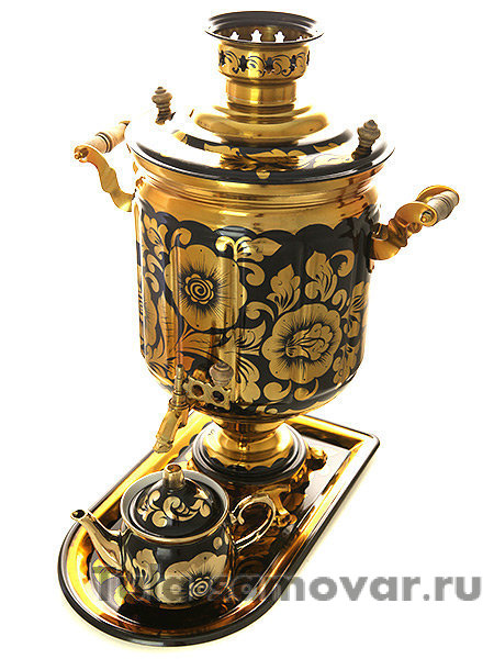Набор самовар электрический 10 литров с художественной росписью "Золотые цветы на черном фоне", арт. 140217