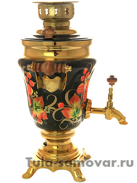 Электрический самовар 1,5 литра с художественной росписью "Земляника на черном фоне" арт. 110588