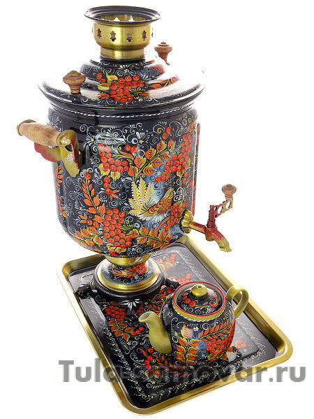 Набор самовар электрический 10 литров с художественной росписью "Хохлома на синем фоне мелкая", арт. 110231