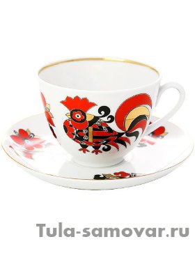 Чайная пара форма Весенняя рисунок Красные петушки Императорский фарфоровый завод