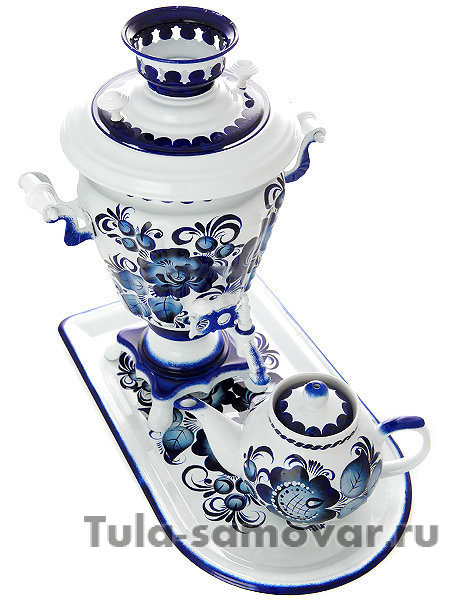 Самовар электрический 3 литра с росписью "Гжель" в наборе с чайником и подносом, арт. 130309