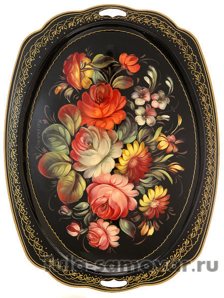 Поднос с художественной росписью "Цветы на черном фоне", овал с фигурным краем, арт. 9005