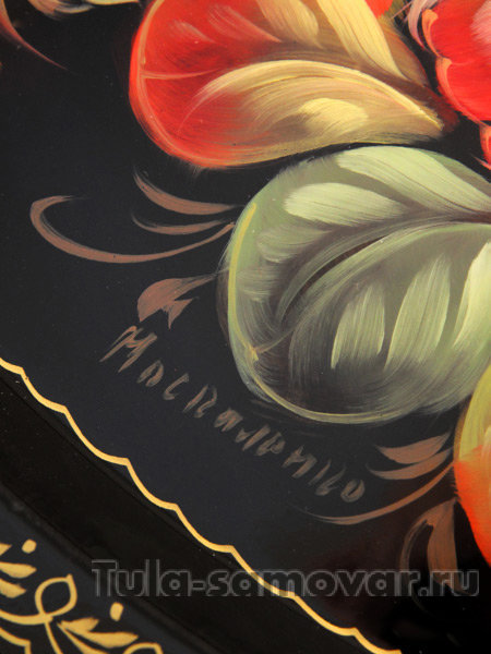 Поднос с художественной росписью "Цветы на черном фоне", овал с фигурным краем, арт. 9005