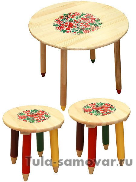 Набор "Светлячок" Хохлома - стол и 2 табурета из дерева с художественной росписью, арт. 7257-7406-2