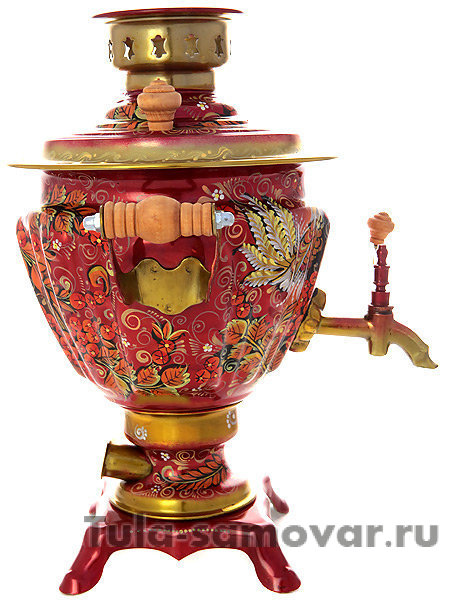 Набор самовар электрический 2 л с художественной росписью "Хохлома на красном фоне мелкая (рябинка)", арт. 131389