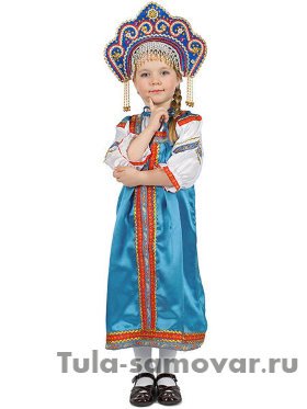 Детский русский сарафан голубой атласный и блузка 1-6 лет