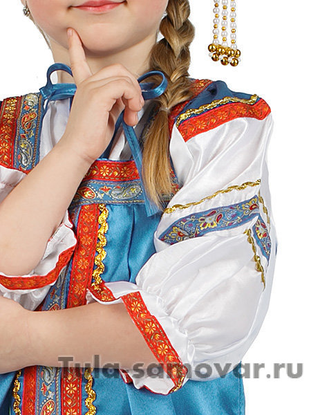 Детский русский сарафан голубой атласный и блузка 1-6 лет