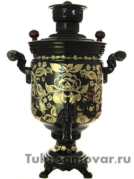 Самовар на дровах 5 литров цилиндр с гравюрой "Цветы" (черный никель) арт. 210542