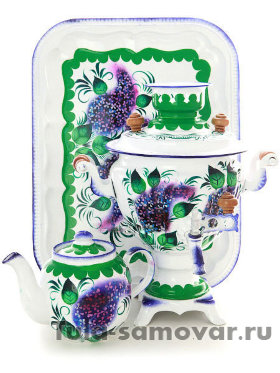 Набор самовар электрический 2 литра с чайником с художественной росписью &quot;Сирень на белом фоне&quot;, арт. 110327