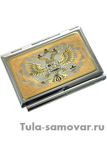 Визитница "Герб России" с ручкой в подарочном футляре, Златоуст