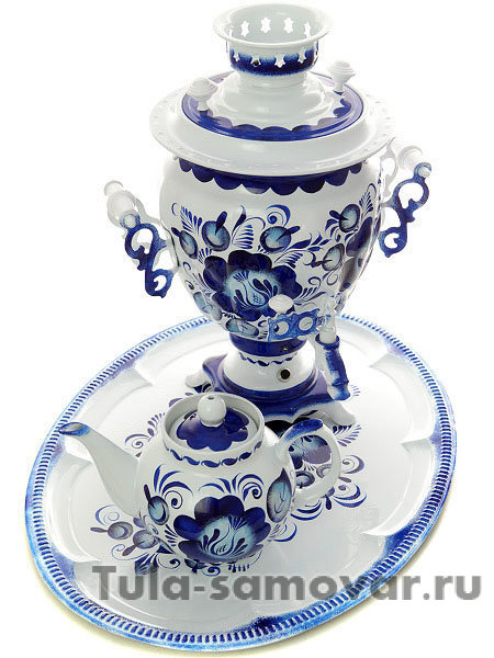 Электрический самовар в наборе 3 литра с художественной росписью "Гжель" с автоматическим отключением при закипании, арт. 130309а