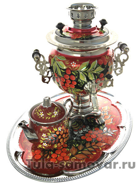 Набор самовар электрический 3 л с росписью "Птицы в рябине на бордовом" арт. 130587