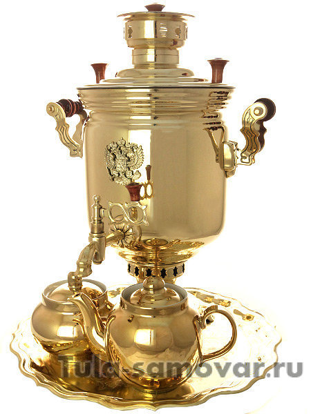 Комбинированный самовар 5 л латунный цилиндр с накладным гербом в наборе