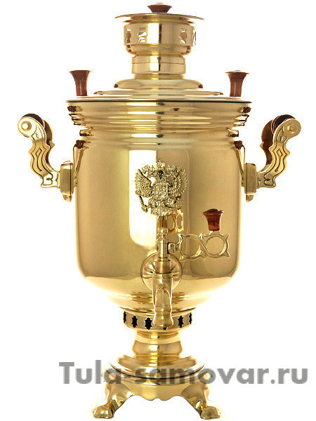Комбинированный самовар 5 л латунный цилиндр с накладным гербом в наборе