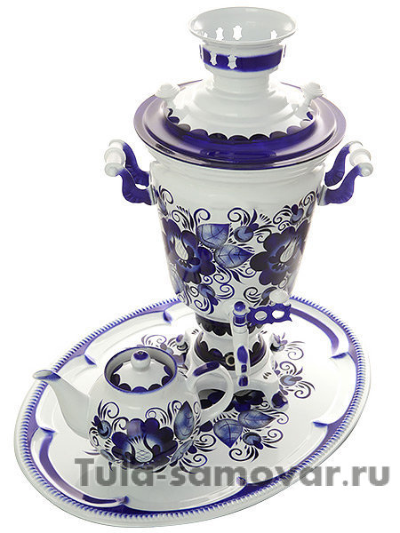 Электрический самовар в наборе 4 литра с художественной росписью "Гжель" с автоматическим отключением при закипании, арт. 130702к