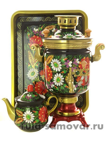 Набор самовар электрический 3 литра с росписью "Маки ромашки на черном", арт. 144549