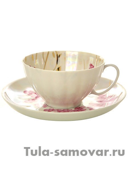 Фарфоровая чашка с блюдцем форма "Белый лебедь" рисунок "Розовая сирень", Дулевский фарфор