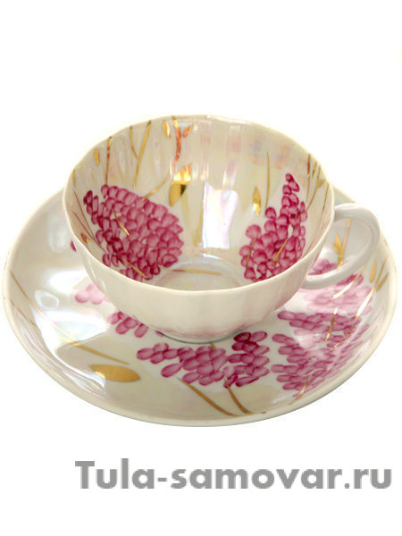Фарфоровая чашка с блюдцем форма "Белый лебедь" рисунок "Розовая сирень", Дулевский фарфор