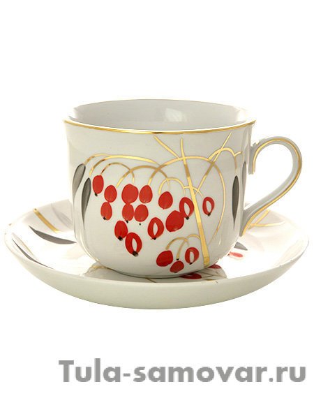 Фарфоровая чашка с блюдцем форма "Ностальгия" рисунок "Кизил", Дулевский фарфор