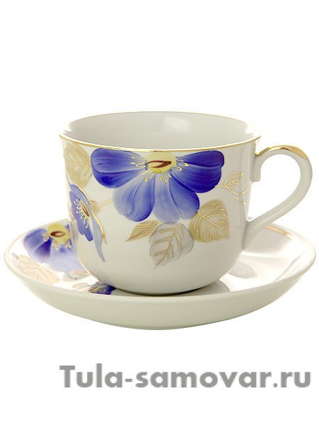 Фарфоровая чашка с блюдцем форма "Ностальгия" рисунок "Синий цветок", Дулевский фарфор