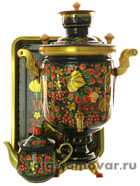Комбинированный самовар 5 л с росписью "Хохлома классическая" в наборе с подносом и чайником
