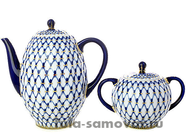 Кофейный фарфоровый сервиз 6 персон форма Тюльпан рисунок Кобальтовая сетка 6/20 Императорский фарфоровый завод