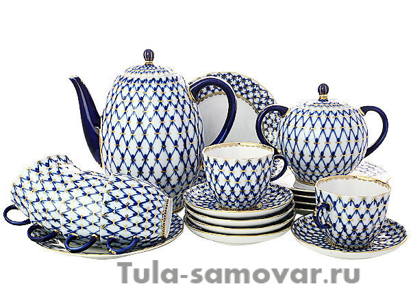 Кофейный фарфоровый сервиз 6 персон форма Тюльпан рисунок Кобальтовая сетка 6/20 Императорский фарфоровый завод