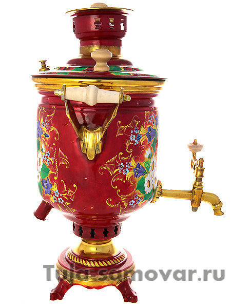 Комбинированный самовар 5 л с художественной росписью "Букет на красном фоне"